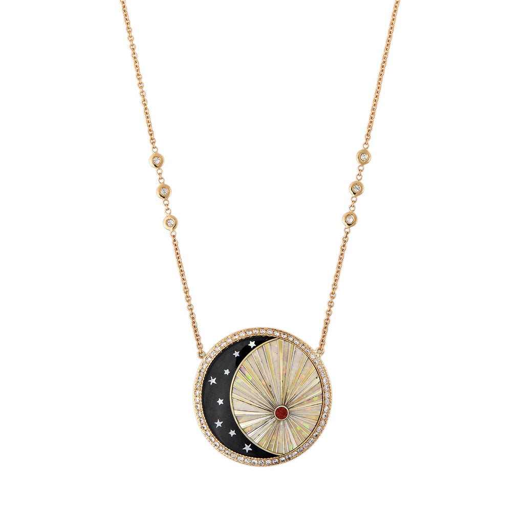 PAVE ROUND ONYX STAR CRESCENT + OPAL RAYS INLAY NECKLACE