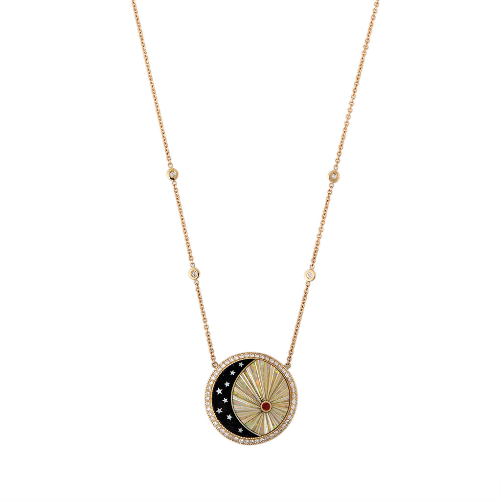Small Pavé Round Onyx Star Crescent + Opal Rays Inlay Necklace
