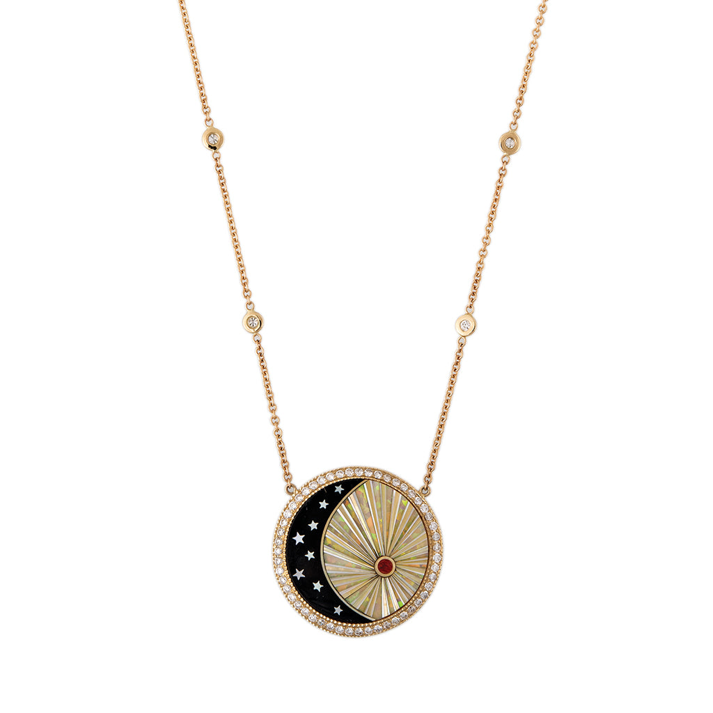 SMALL PAVE ROUND ONYX STAR CRESCENT + OPAL RAYS INLAY NECKLACE