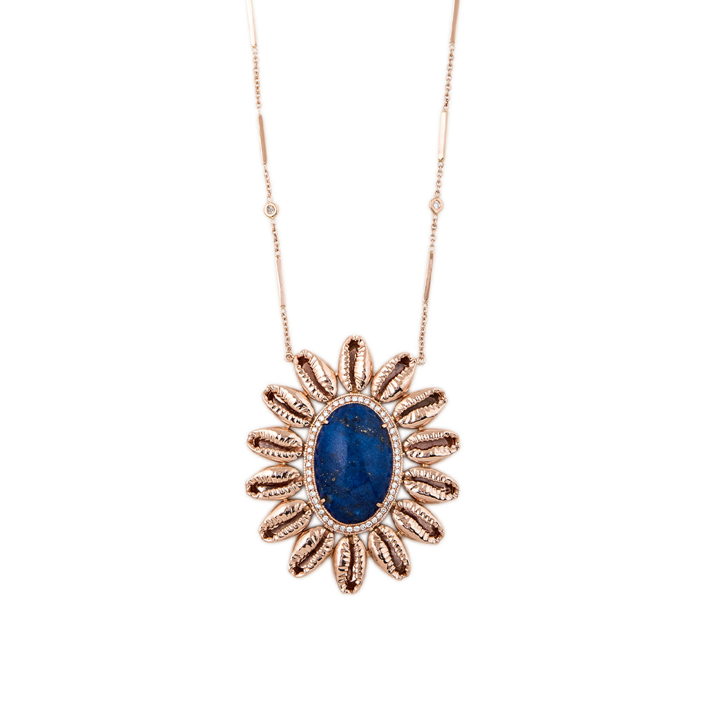 PAVE LAPIS COWRIE SHELL BLOSSOM NECKLACE