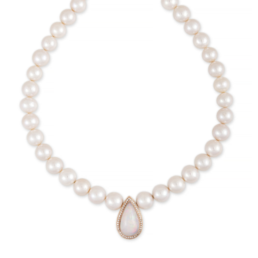 PAVE OPAL TEARDROP CENTER FRESHWATER PEARL BEADED NECKLACE