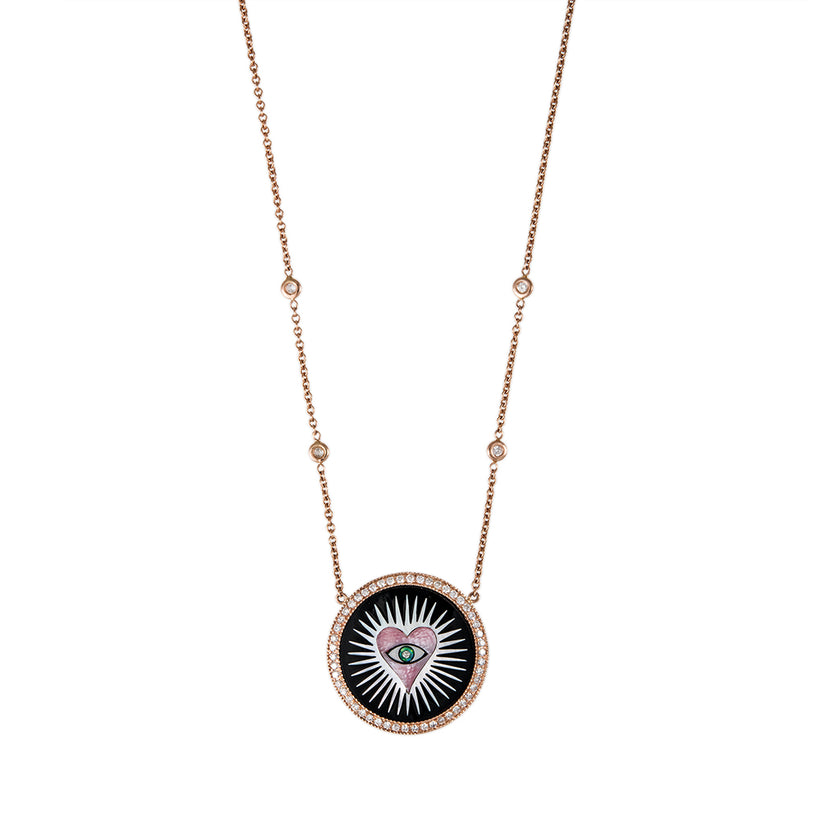 SMALL PAVE ROUND ONYX INLAY PINK HEART BURST NECKLACE