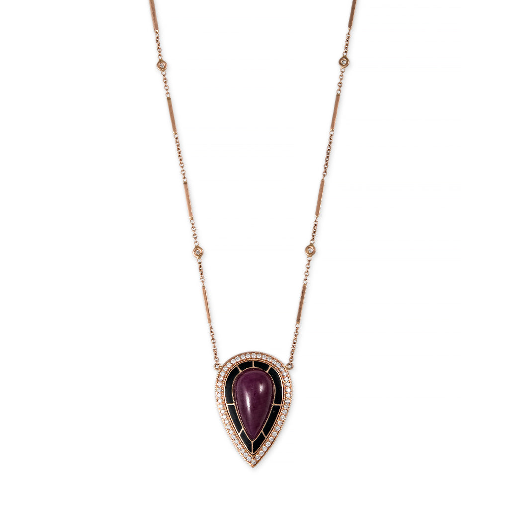 Pavé Diamond Onyx Inlay Ruby Teardrop Center Necklace