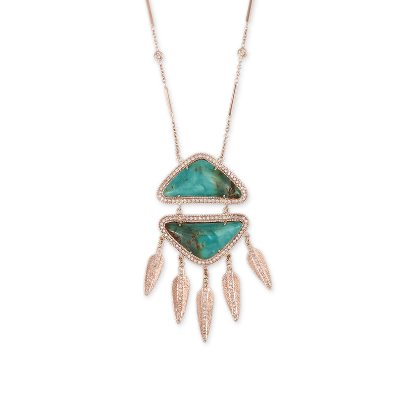 TURQUOISE PAVE DIAMOND FEATHER DREAMCATCHER NECKLACE