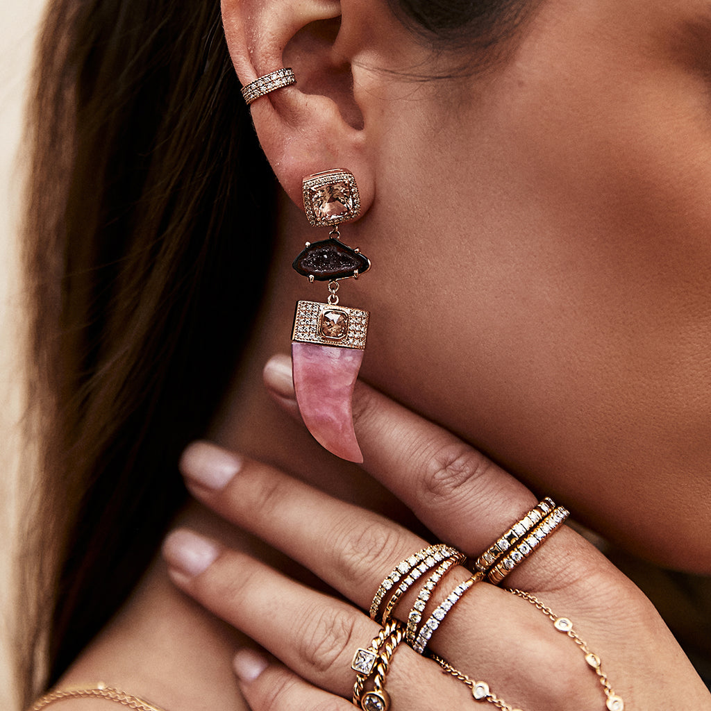 Pave Morganite + Peruvian Opal Tusk Earrings